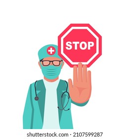 Doctor Stop. Hand gesture. Gesture "Stop". Doctor in a medical mask suit on face and protective gloves. Landing page the fight a dangerous epidemic. Vector illustration flat design.