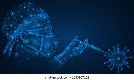 The doctor struggling with the epidemic of the coronavirus Covid-19. A medical worker in a protective mask and glasses with a syringe in his hand. Low-poly design. Blue background.