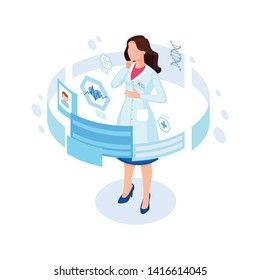 Doctor studying patient profile isometric illustration. Futuristic working place with augmented reality options. Cartoon physician, cardiologist in white coat analysing client heart rate online