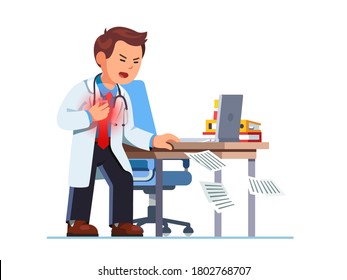 Doctor suffering sudden heart attack at workplace holding chest in pain next to work office desk. Cardiac arrest stroke ache. Heart failure shock. Flat vector medical worker character illustration