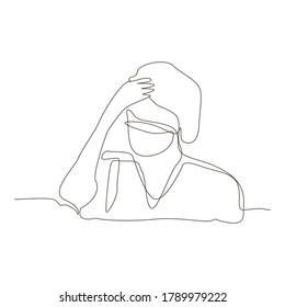 The doctor suffers from headache, migraine. The man holds his head with his hand over his forehead. Hand drawn vector illustration. A man with a fever in a medical mask. Coronovirus. COVID-19
