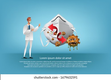 The doctor suggested ways to prevent viruses. Stop sign. Covid-19 virus cells or corona virus and bacteria on Blue background, vector and illustration.