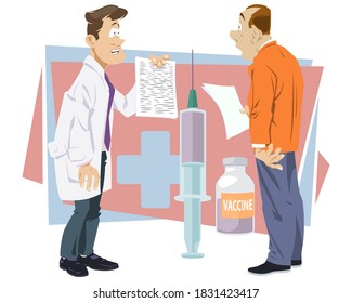 Doctor suggests vaccination to patient. Illustration for internet and mobile website. 
