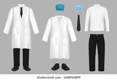 Doctor suit set, vector isolated illustration. Realistic white coat or lab coat, shirt, blue hat and mask, black pants, shoes and tie. Medical uniform for healthcare professionals.