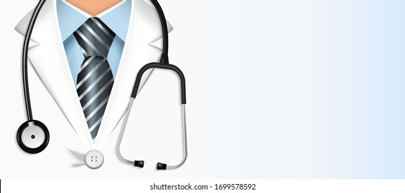 Doctor in a suit with a stethoscope closeup. Medical education. Greeting card with a doctor.
