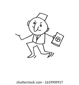 A doctor with a suitcase is in a hurry to provide first aid. Cartoon character, Stick figure, Doodle illustration. vector