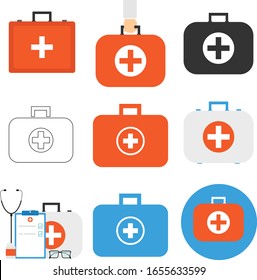 Doctor suitcase, a set of diverse doctor's suitcases. Medical suitcase. Vector illustration. Vector.