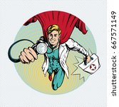 Doctor super hero  flies to treat people.  Profession white coat stethoscope pop art retro style. 
