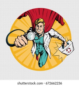 Doctor super hero  flies to treat people.  Profession white coat stethoscope pop art retro style. 
