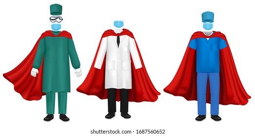 Doctor super hero ready to fight against novel corona virus disease COVID-19, vector flat illustration. Healthcare professionals in medical scrub, white gown, mask hat red cloak. Corona virus pandemic