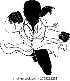 A doctor super hero woman in silhouette flying through the air