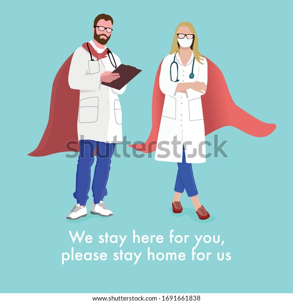 \
Doctor in a superhero costume. Nurse in a\
superhero costume. Illustration in a flat style. \