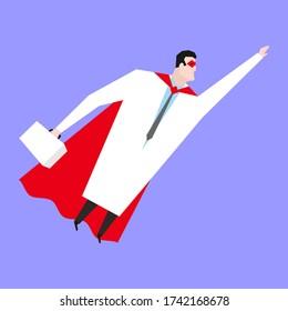 Doctor superhero flies to rescue. Doc is real super hero. Medical worker in mask and raincoat. Health protection. fight against coronavirus. COVID-19 pandemic epidemic
