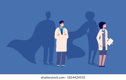 Doctor superhero. Medical strength heroes, people wear protective mask. Medicine power, woman man and strong shadows in capes vector concept