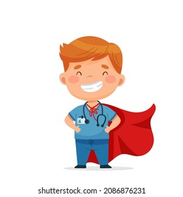 Doctor superhero in a red cloak. Smiles with a big smile. Vector postcard in cartoon style for design, print, patterns