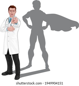 A doctor with a superhero shadow pointing at the viewer in a wants or needs you gesture. Super hero medical professional healthcare worker concept.