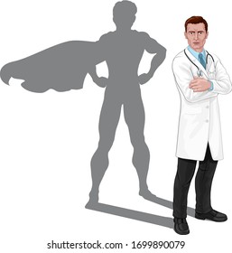 A Doctor With A Superhero Shadow. Super Hero Medical Professional Healthcare Worker Concept.