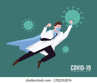 Doctor superhero working in hospital and fighting the coronavirus. Healtcare concept corona virus outbreak pandemic stop. Vector illustration.