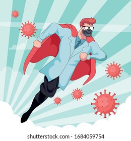 Doctor superheroe in the prevention against the virus covid-19