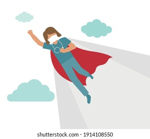 Doctor superwoman. Female doctor with a red cape. Vector illustration. medical staff, doctors fighting the coronavirus epidemic.