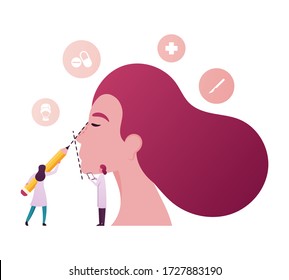 Doctor Surgeon Character Examining Patient Nose before Rhinoplasty Surgery, Drawing Line with Marker on Woman Face. Medical Aid, Healthcare, Cosmetology Concept. Cartoon People Vector Illustration
