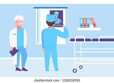 doctor and surgeon examining x-ray hospital workers looking patient radiography male cartoon characters full length clinic interior medicine and healthcare concept horizontal