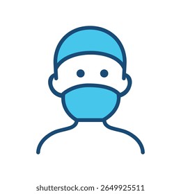 Doctor or Surgeon Icon with Mask – Medical Professional Avatar Vector, Vector illustration of a doctor or surgeon wearing a medical mask and cap. This icon represents healthcare professionals.