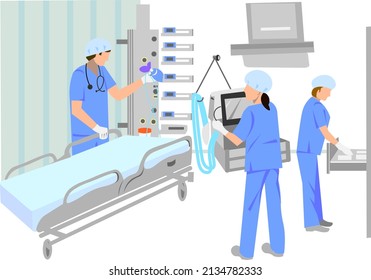 Doctor surgeon and nurses preparing the operating room for the operation of the patient Medical staff adjusting devices before operation Vector illustration