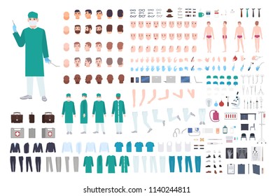 Doctor, surgeon or paramedic constructor or DIY kit. Collection of male physician body parts, facial expressions, clothing, medical equipment isolated on white background. Cartoon vector illustration.