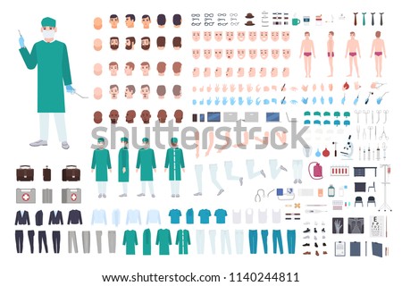 Doctor, surgeon or paramedic constructor or DIY kit. Collection of male physician body parts, facial expressions, clothing, medical equipment isolated on white background. Cartoon vector illustration.