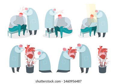 Doctor, Surgeon and psychologist working with Human Heart and brain. Scientists growing artificial human organ and working with brain psychology cartoon characters. Life support, heart implant.