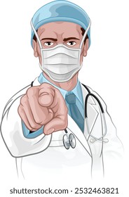 A doctor in surgical mask and PPE pointing in a your country needs or wants you gesture