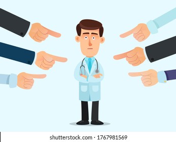 Doctor surrounded by hands with index fingers pointing at him. Concept of public blaming of doctor, medical negligence, physician error. Vector illustration, flat cartoon style, isolated.