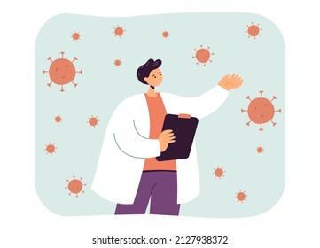 Médico rodeado por gérmenes de ilustración plana vectorial. Terapia que busca maneras de tratar el coronavirus o la gripe durante la pandemia. Epidemia, concepto de virus para banner, diseño de sitio web o página web de aterrizaje