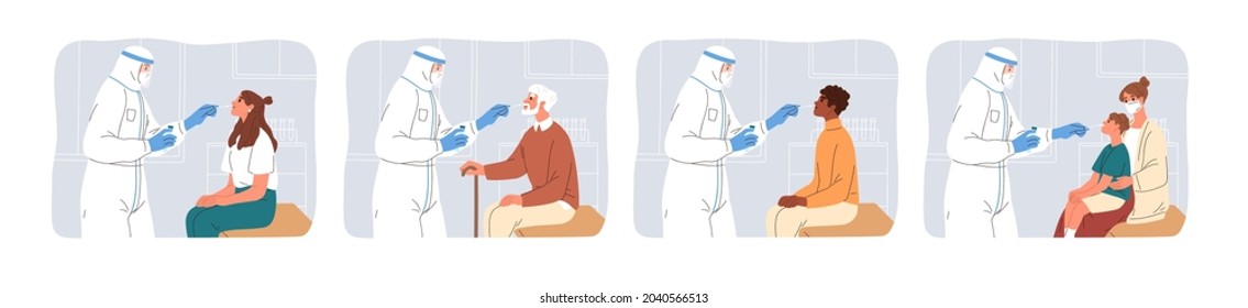 Doctor Swabbing Nasal Sample For COVID PCR Test And Lab Saliva Analysis. Nurse Checking People For Coronavirus. COVID19 Diagnostic And Nasopharyngeal Corona Research Concept. Flat Vector Illustrations