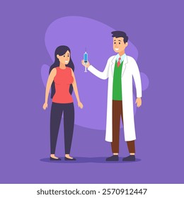 Doctor with syringe and female patient vector illustration. Medical specialist in white coat giving injection to woman. Medicine, occupation, treatment and healthcare concept