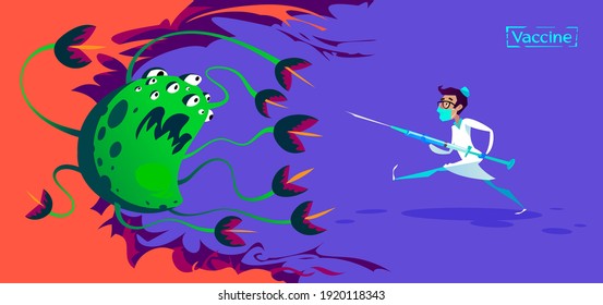 Doctor with syringe fight against virus cartoon character.