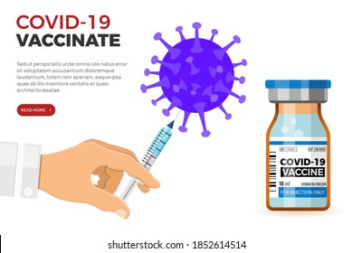 Doctor with syringe in hand vaccinates covid-19 virus. Coronavirus vaccine in medical bottle. Treatment injection for coronavirus covid-19. Landing page template. Isolated vector illustration