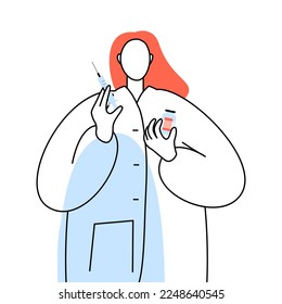 Doctor with a syringe in her hands. Vector line drawing isolated on a white background.