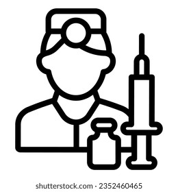 Doctor and syringe with jar line icon, injections concept, medical worker sign on white background, doctor with different medications icon outline style mobile, web. Vector graphics.