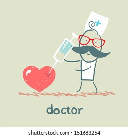 Doctor with a syringe pricks the heart