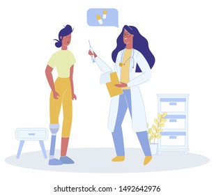 Doctor with Syringe Talk to Girl with Prosthetic Leg Vector Illustration. Woman Prosthesis Therapist Medical Recommendation, Physiotherapy, Drug Treatment. Disabled Rehabilitation, Recovery