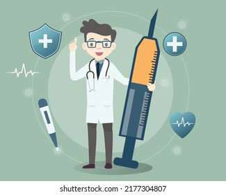 Doctor with syringe and vaccine. People vaccination concept for immunity health. Healthcare, Vaccination awareness concept. Flat vector illustration. Covid-19, Coronavirus, Flu, Fever dengue.