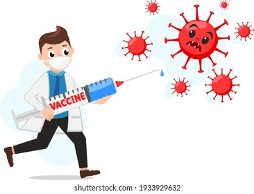 A doctor with a syringe with a vaccine runs for viruses. Character, covid-19