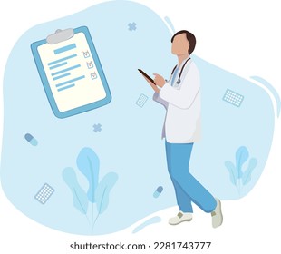 A doctor with a tablet completed the work of a patient on a blue background vector illustration