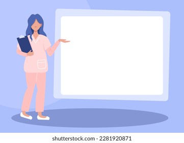 Doctor con un comprimido en las manos en un estilo plano. Plantilla de enfermero señala y explica.