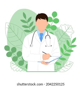 Doctor with a tablet in his hands makes notes. Homeopathy. Doctor and green herbs. Folk and traditional medicine. Vector illustration in flat style