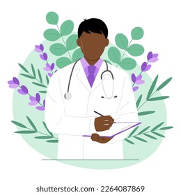 Der Arzt mit einer Tablette in den Händen macht Notizen. Ein männlicher Arzt mit afrikanischer amerikanischer Staatsangehörigkeit. Doktor und grüne Kräuter. Folk und traditionelle Medizin. Vektorgrafik
