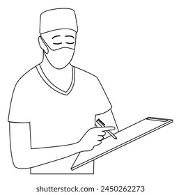 Doctor with a tablet in his hands. Simple black line drawing. Vector illustration