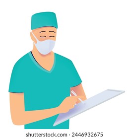 Doctor with a tablet in his hands. Surgeon or therapist in special uniform. Prescribes medicine or makes a diagnosis. Minimalistic, vector illustration